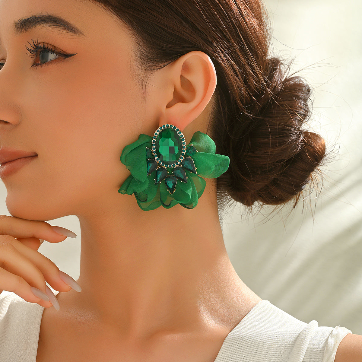 Handmade Coloful Glass Chiffon Flower Stud Earrings For Women Bold Fashion Jewelry Party Prom Vacation