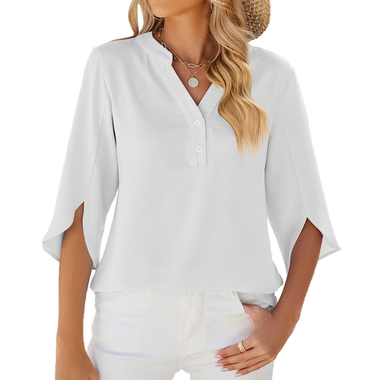 Women’s Button V-Neck Chiffon Half Sleeve Blouse