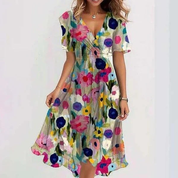 Women's Chiffon V-Neck Short Sleeve Midi Dress