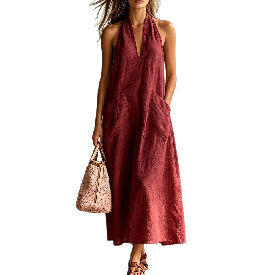 Cotton Halterneck Sleeveless Deep V-Neck Loose Straight-Line Dress