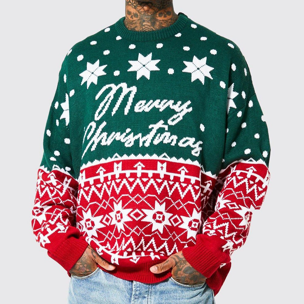 Men's new fashion knitted jacquard Christmas pullover sweater in green and red with festive patterns