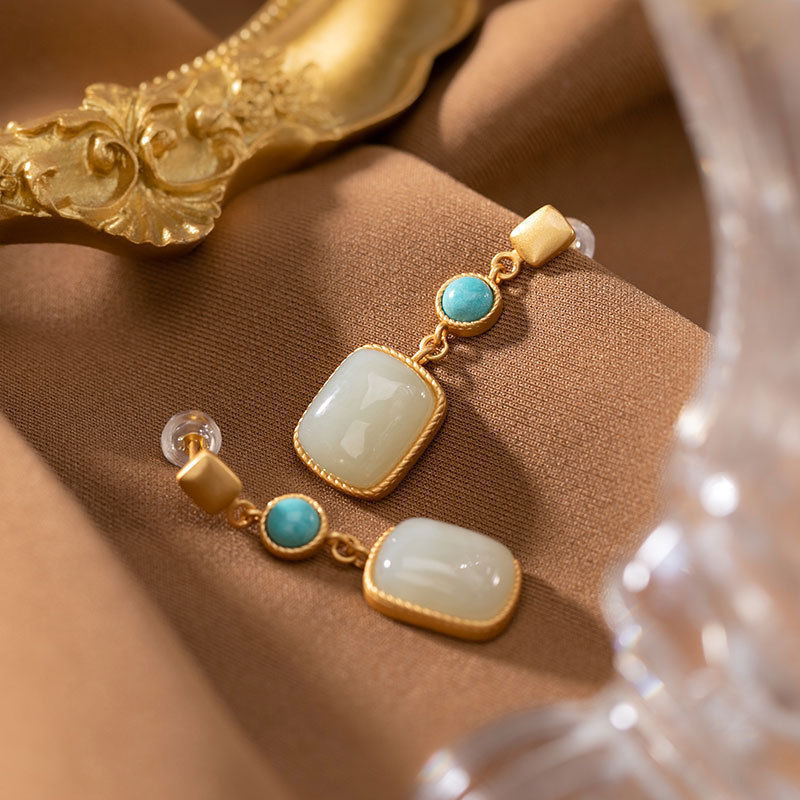Fashion Square Hetian Jade Ear Studs Women