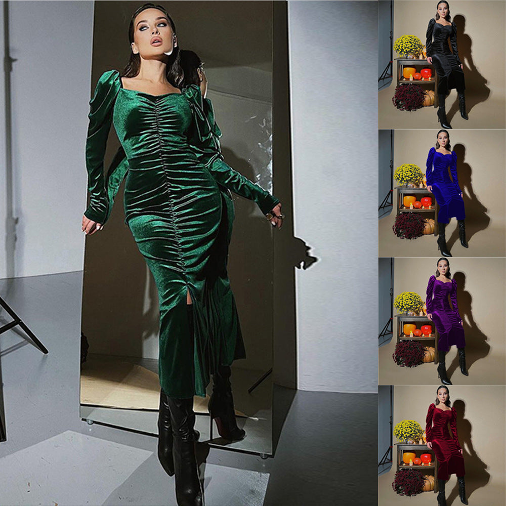 Women's pleated slim fit long-sleeve velvet dress in green with mid waist and slit detail