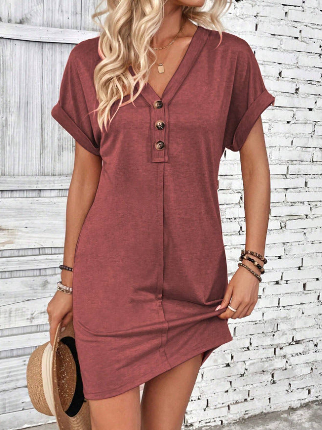 Women's Solid Colour Short Sleeve V-Neck Shirt Dress