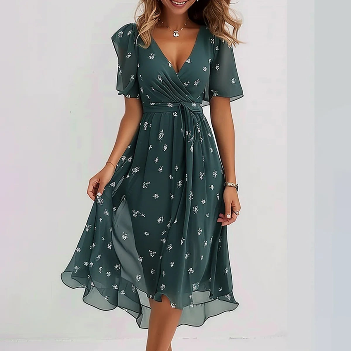 Women's Chiffon V-Neck Short Sleeve Midi Dress