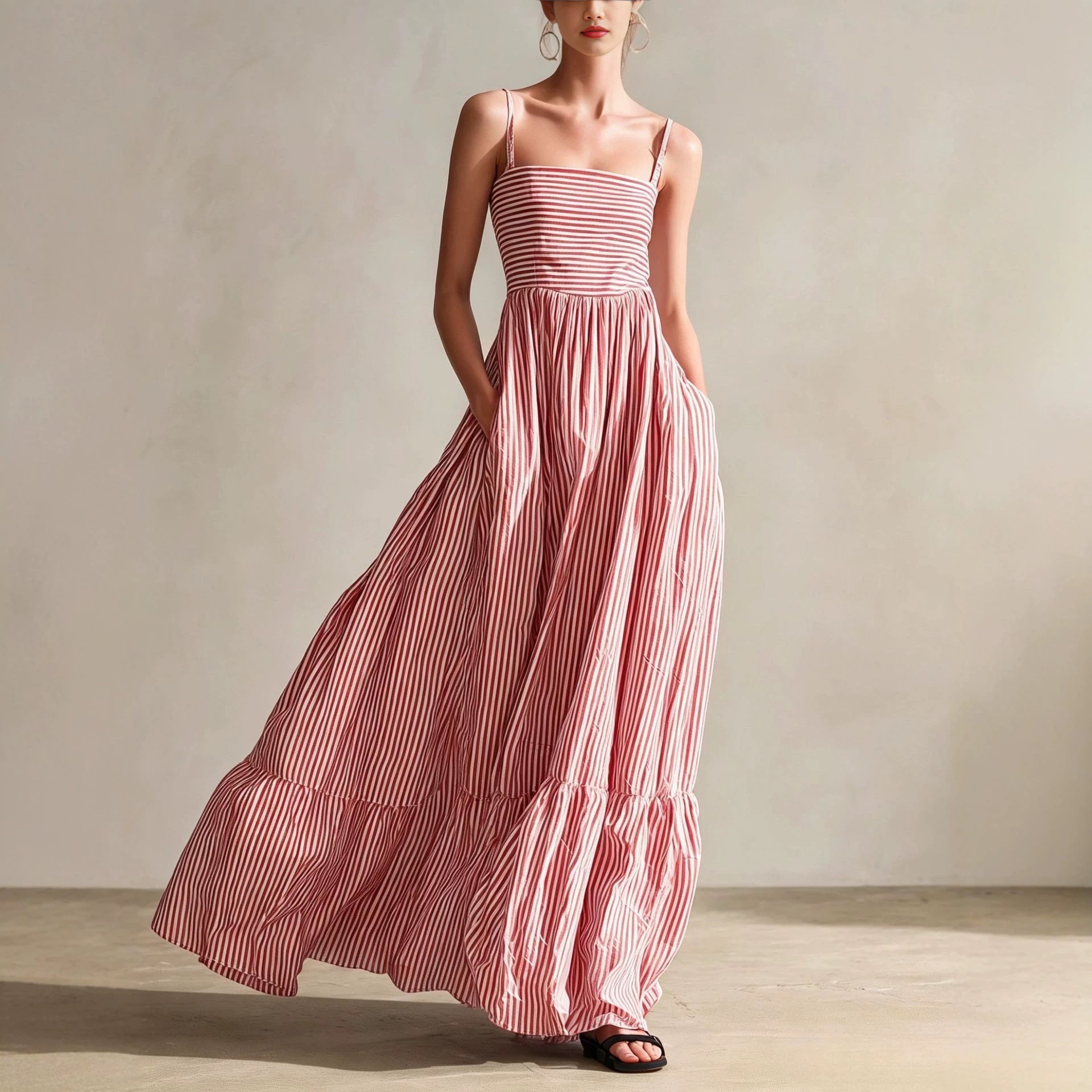 Striped Woven Sleeveless Long Dress With Thin Straps