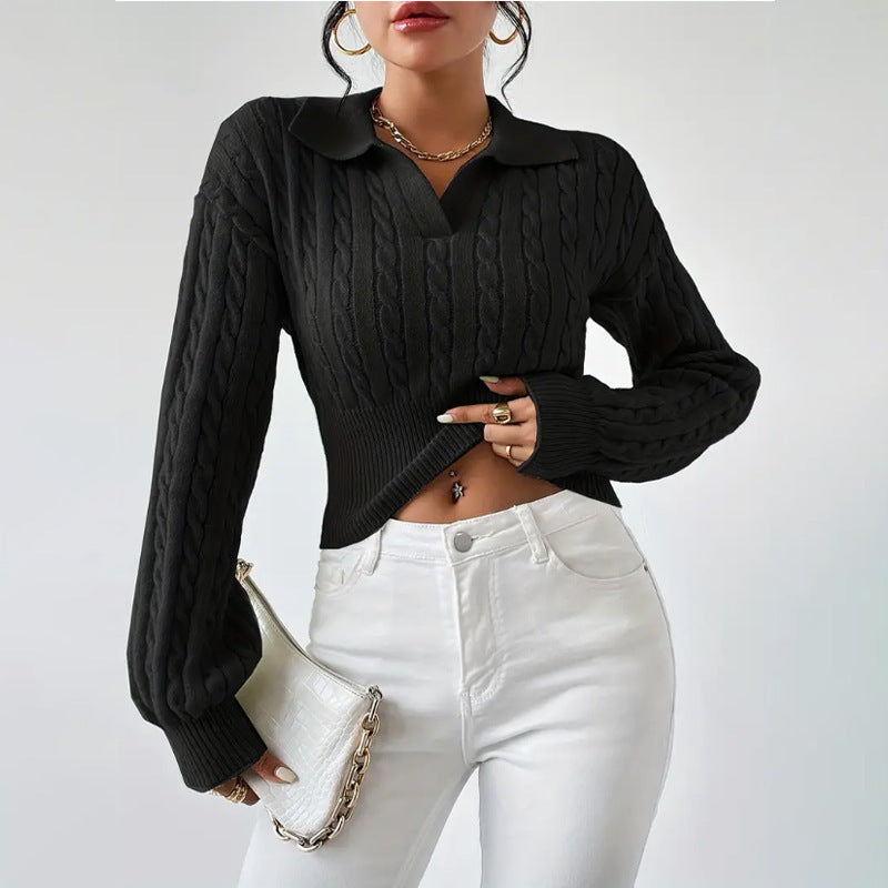 Solid Colour V-Neck Cropped Sweater with Lapel