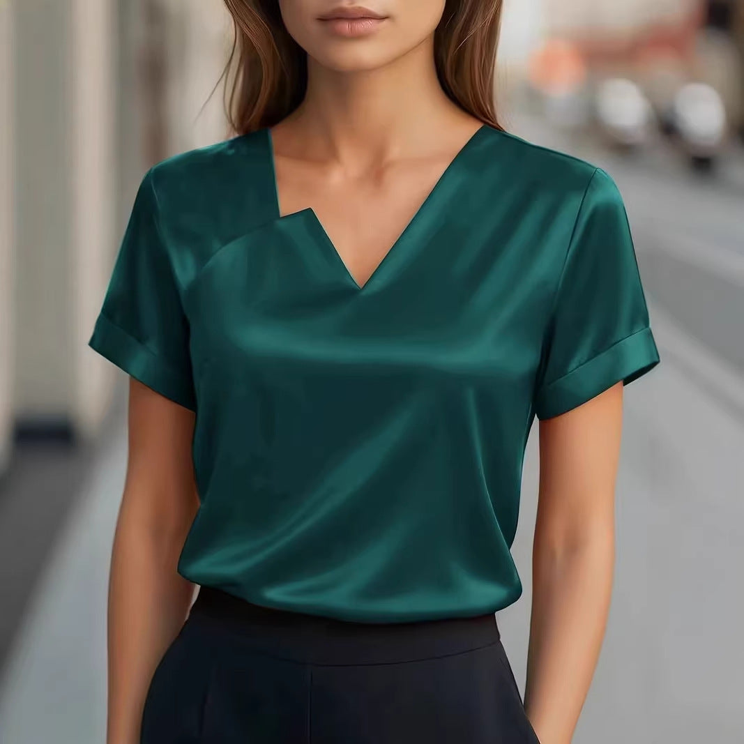 Satin Asymmetric V-Neck Short-Sleeve Shirt For Women