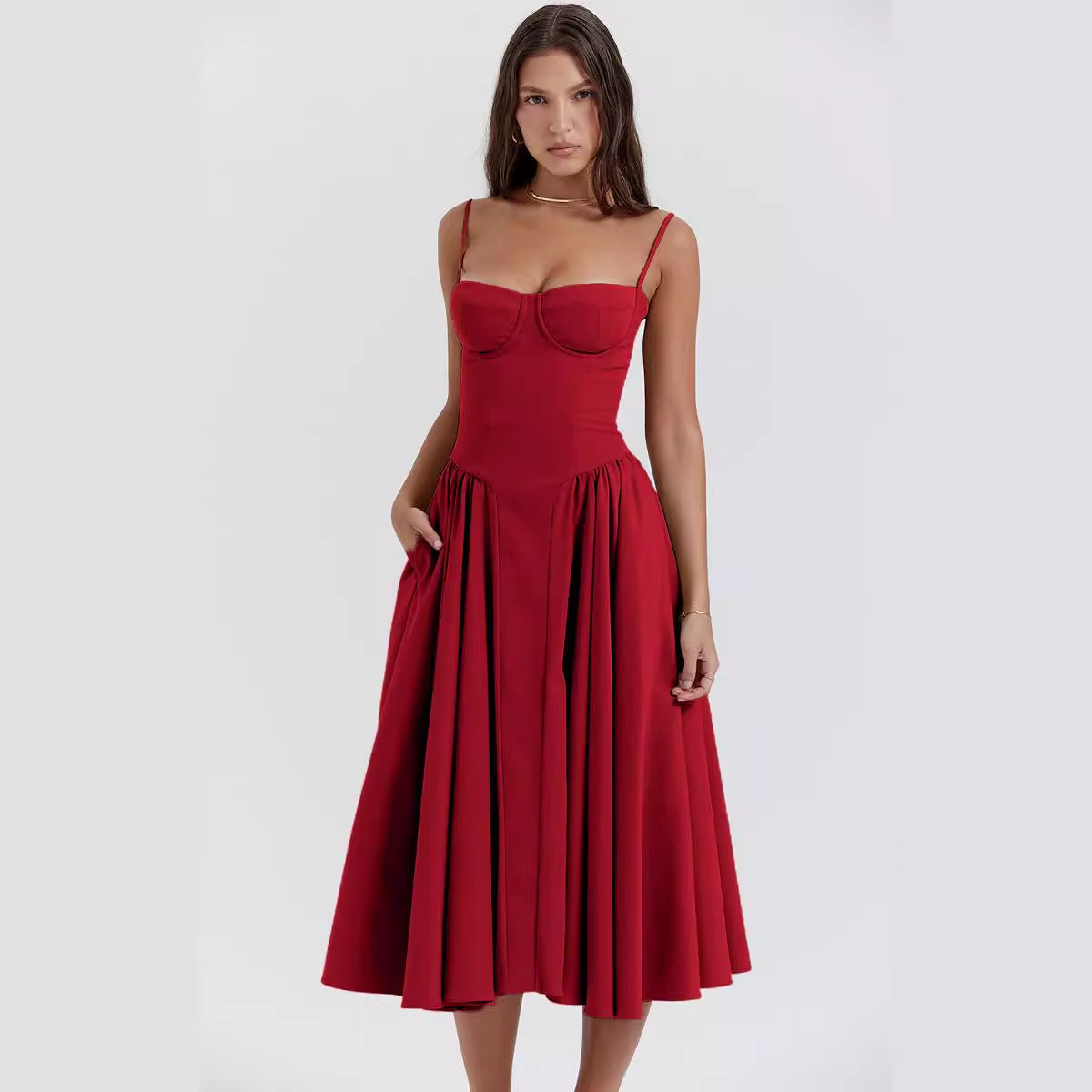 Grande robe trapèze de soirée pour femmes avec corsage ajusté et bretelles spaghetti en 14 couleurs S-XL