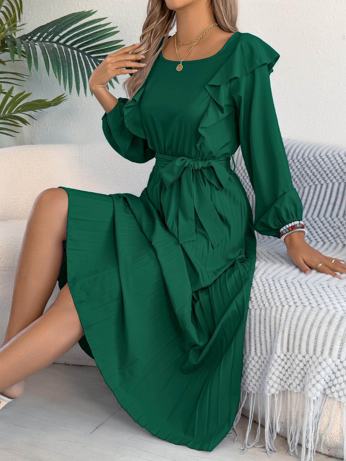 Women's Elegant Ruffle Trim Square Neck Long Sleeve Tie Waist Pleated Dress