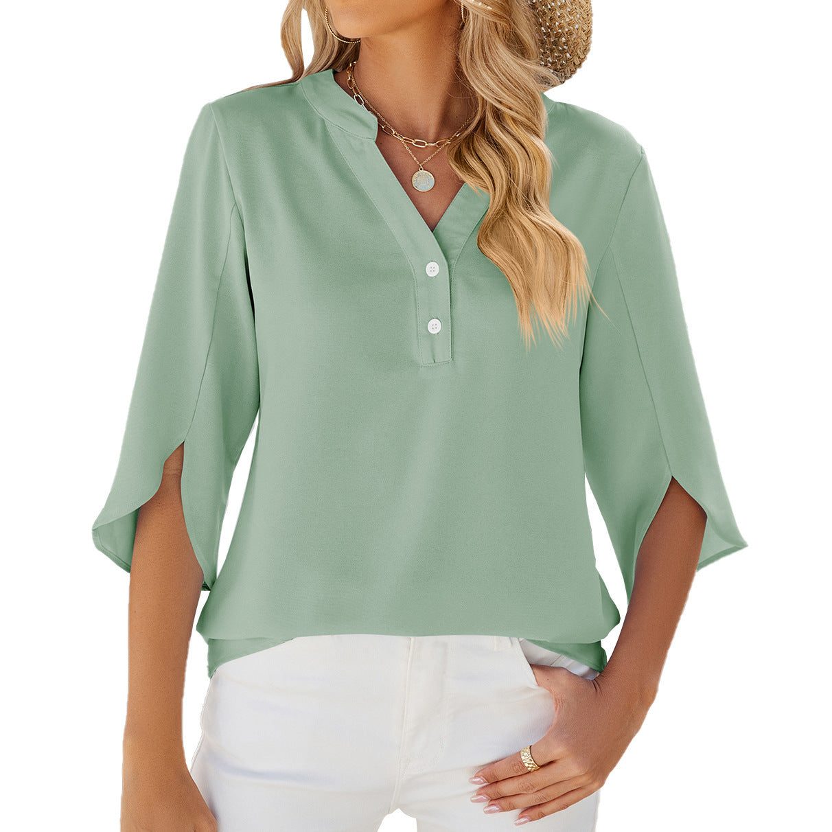 Women’s Button V-Neck Chiffon Half Sleeve Blouse