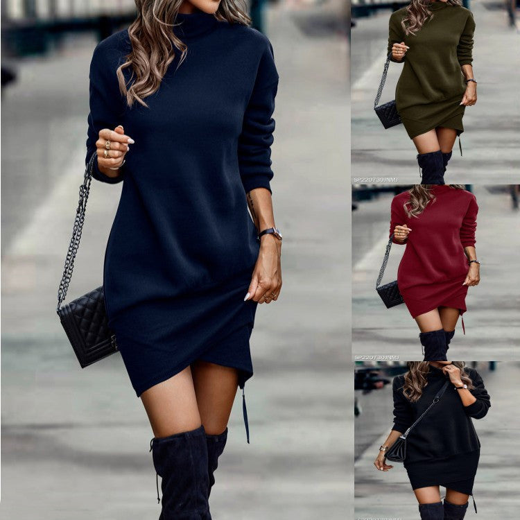 Women’s Turtleneck Long Sleeve Dress with Asymmetric Hem