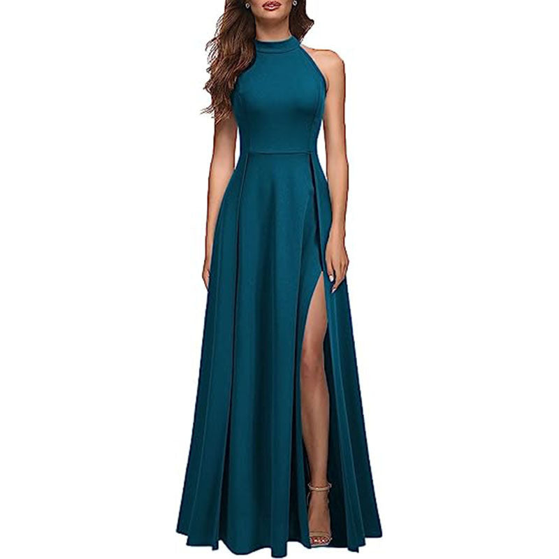 Women’s Solid Colour Halter Neck Evening Gown with Leg Slit