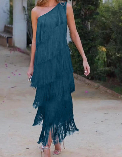 Women’s Solid Color Dress with Diagonal Collar & Multi-layer Tassel Stitching Design