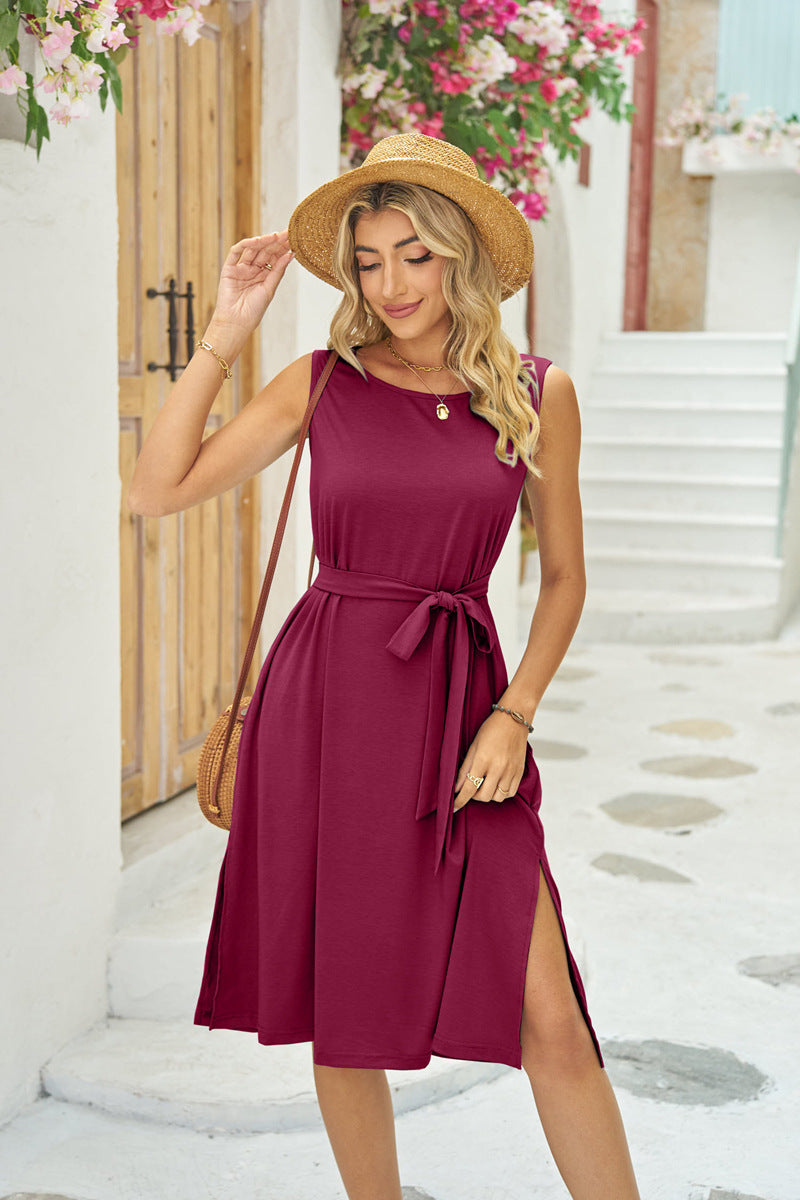 Women’s Sleeveless Midi Dress with Pockets and Waist Tie