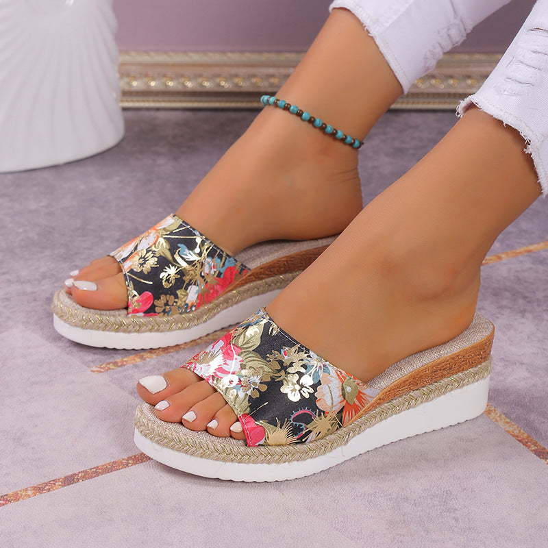 Women's Floral Wide Strap Wedge Sandals