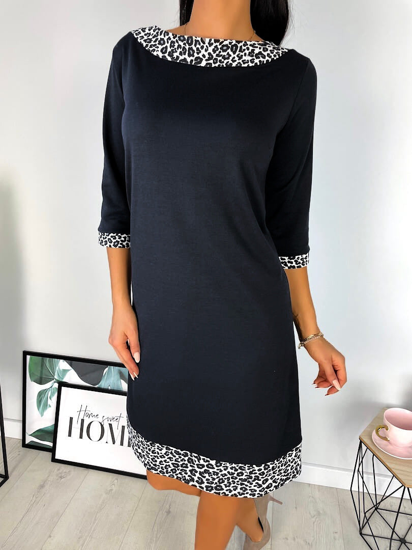 Women’s Three-Quarter Sleeve Black Midi Dress with Leopard Print Trim