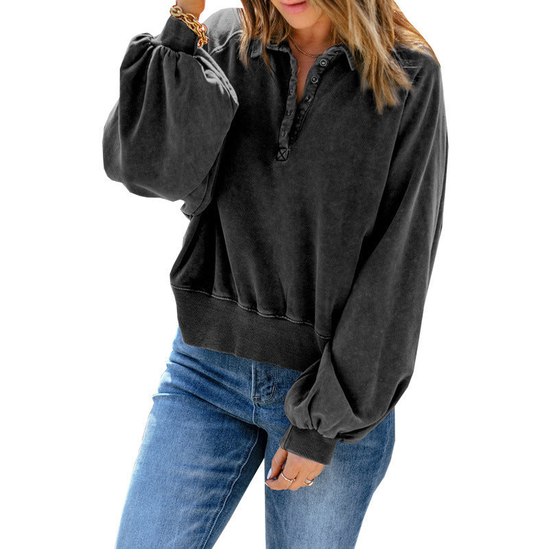 Women’s Loose Fit V-Neck Button Collar Sweatshirt