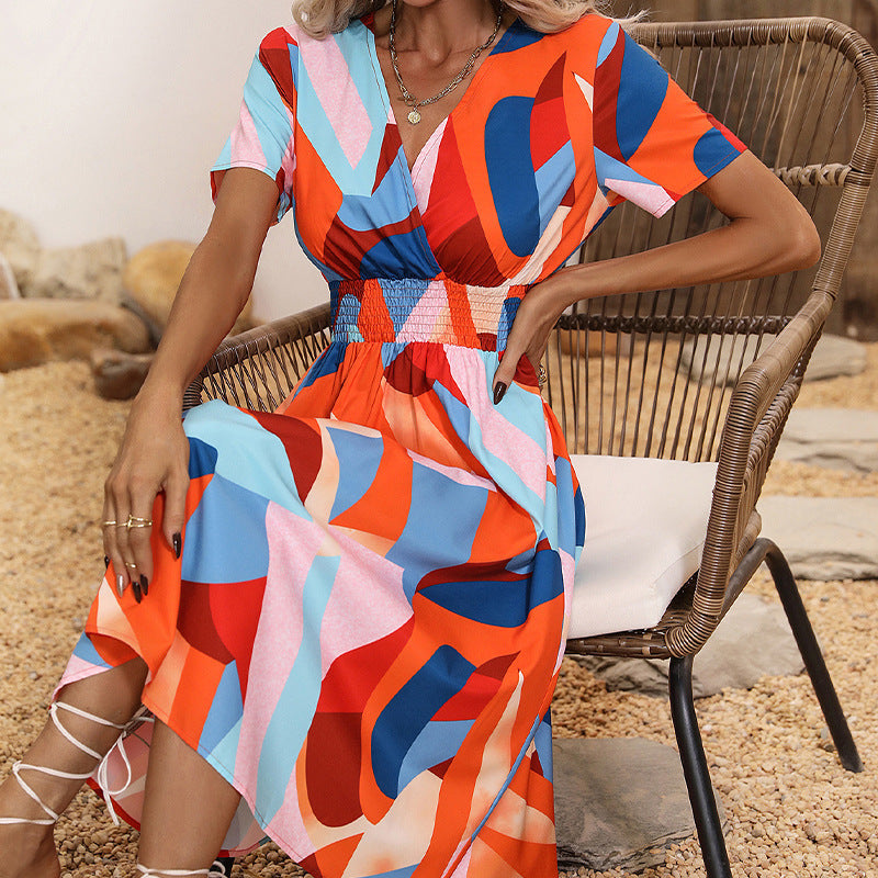 Summer Floral Print Short Sleeved V-neck Pullover High Waisted Dress A-line Skirt Mid Length Skirt