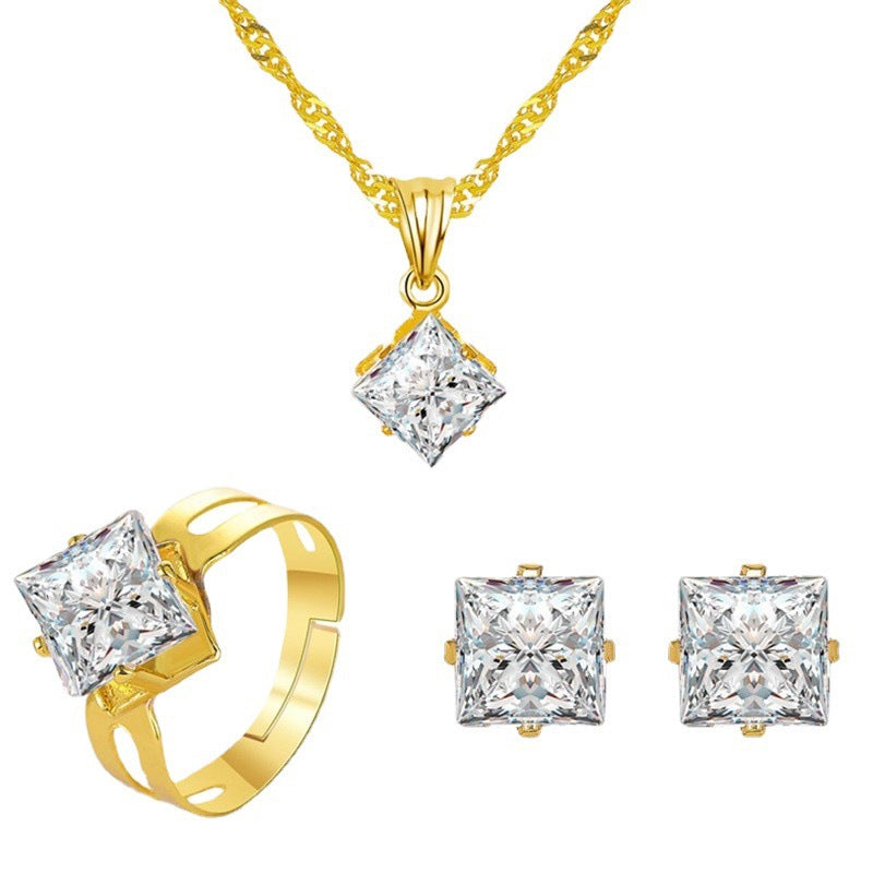 Women’s Cubic Zirconia Three-Piece Necklace, Earrings, and Ring Set - Wazzi's Wear