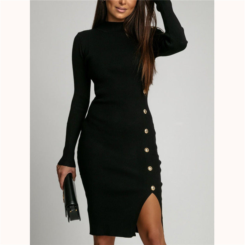 Women's Solid Color Long Sleeve Rib Knit Midi Dress