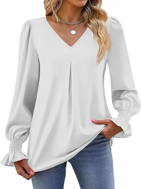 Elegant long sleeve V-neck pleated chiffon blouse in white.