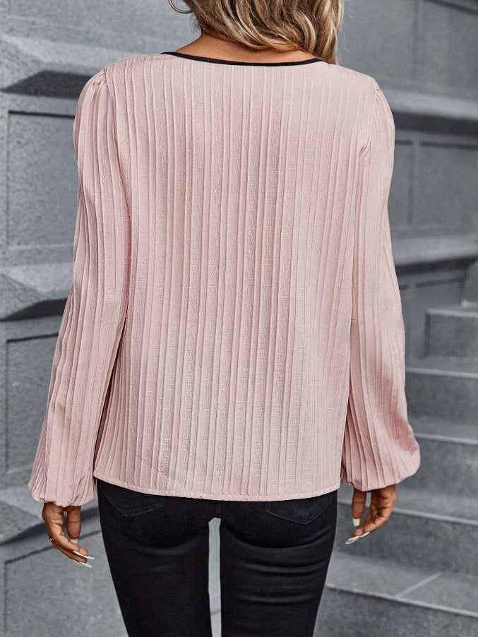 Women's V-Neck Colorblock Pleated Long Sleeve Blouse