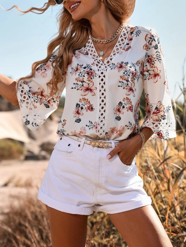 Women's White Floral V-Neck Top with Patchwork Lace and Flared Sleeve L - Wazzi's Wear