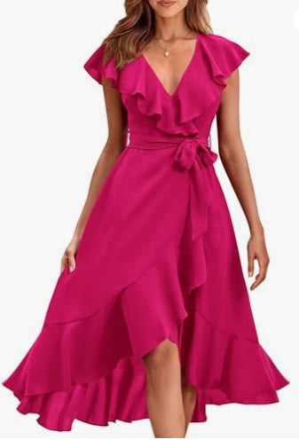 Women's V-Neck Short Sleeve Ruffled Midi Dress in 19 Colors