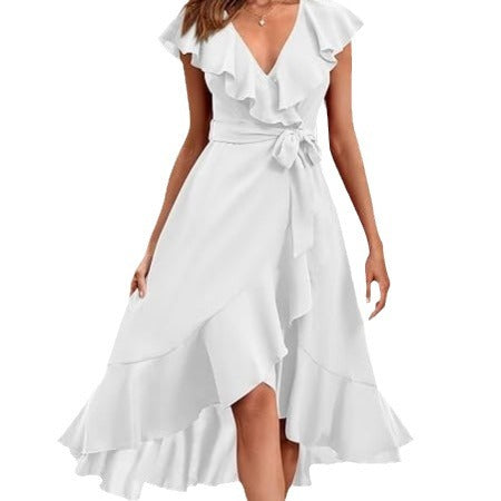 Women's V-Neck Short Sleeve Ruffled Midi Dress in 19 Colors