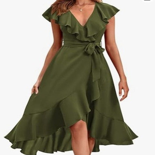 Women's V-Neck Short Sleeve Ruffled Midi Dress in 19 Colors