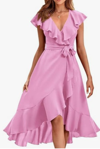 Women's V-Neck Short Sleeve Ruffled Midi Dress in 19 Colors