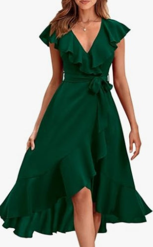 Women's V-Neck Short Sleeve Ruffled Midi Dress in 19 Colors