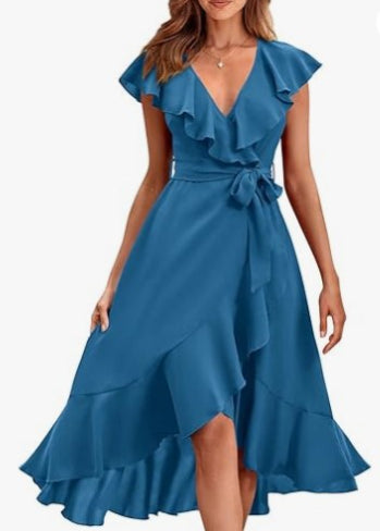 Women's V-Neck Short Sleeve Ruffled Midi Dress in 19 Colors