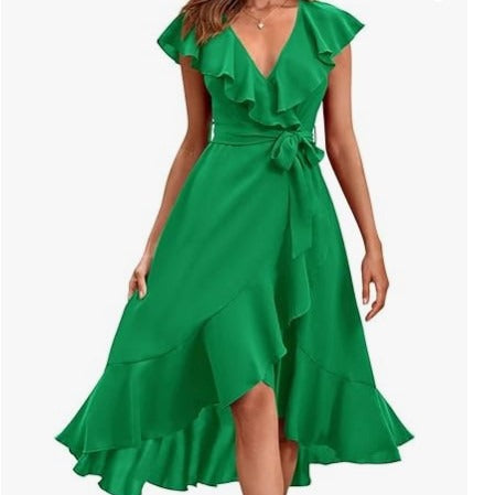 Women's V-Neck Short Sleeve Ruffled Midi Dress in 19 Colors