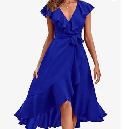 Women's V-Neck Short Sleeve Ruffled Midi Dress in 19 Colors