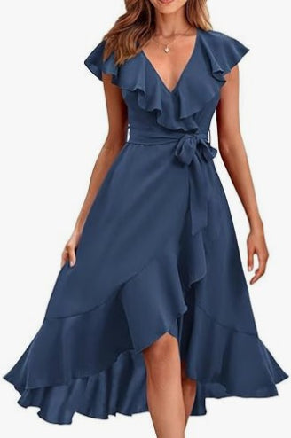 Women's V-Neck Short Sleeve Ruffled Midi Dress in 19 Colors