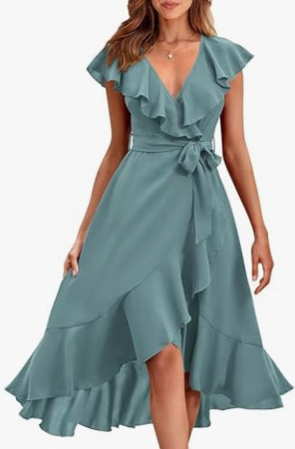 Women's V-Neck Short Sleeve Ruffled Midi Dress in 19 Colors