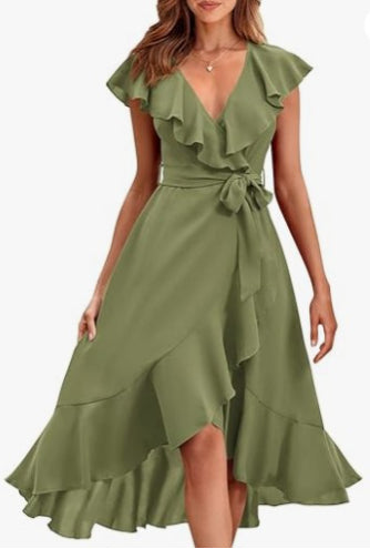 Women's V-Neck Short Sleeve Ruffled Midi Dress in 19 Colors