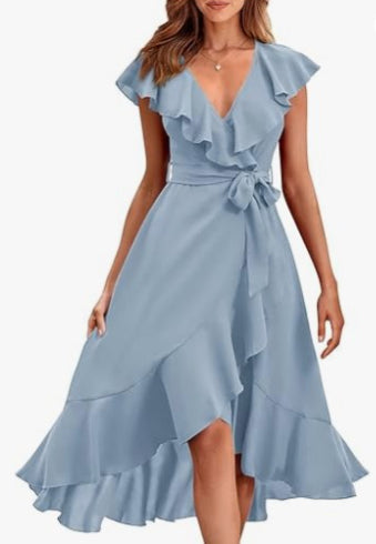 Women's V-Neck Short Sleeve Ruffled Midi Dress in 19 Colors