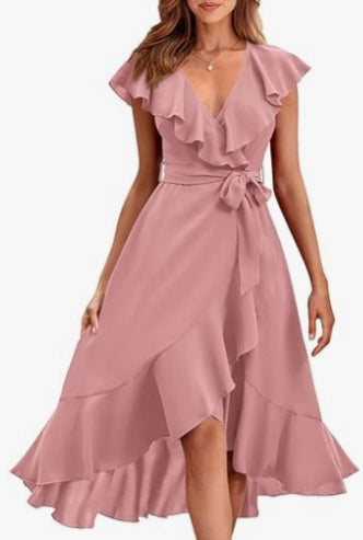 Robe midi à volants et manches courtes pour femme en 19 couleurs