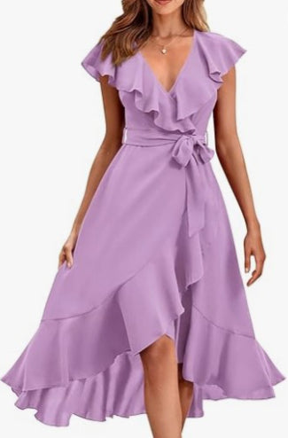 Women's V-Neck Short Sleeve Ruffled Midi Dress in 19 Colors