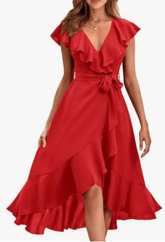 Women's V-Neck Short Sleeve Ruffled Midi Dress in 19 Colors