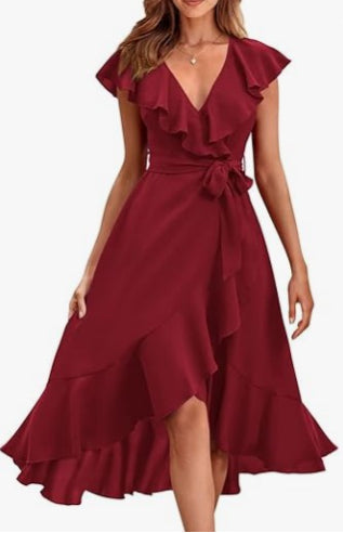 Women's V-Neck Short Sleeve Ruffled Midi Dress in 19 Colors