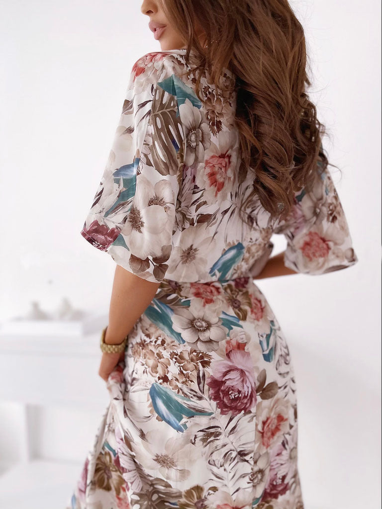 Women’s Floral V-Neck Midi Dress with Elastic Waist