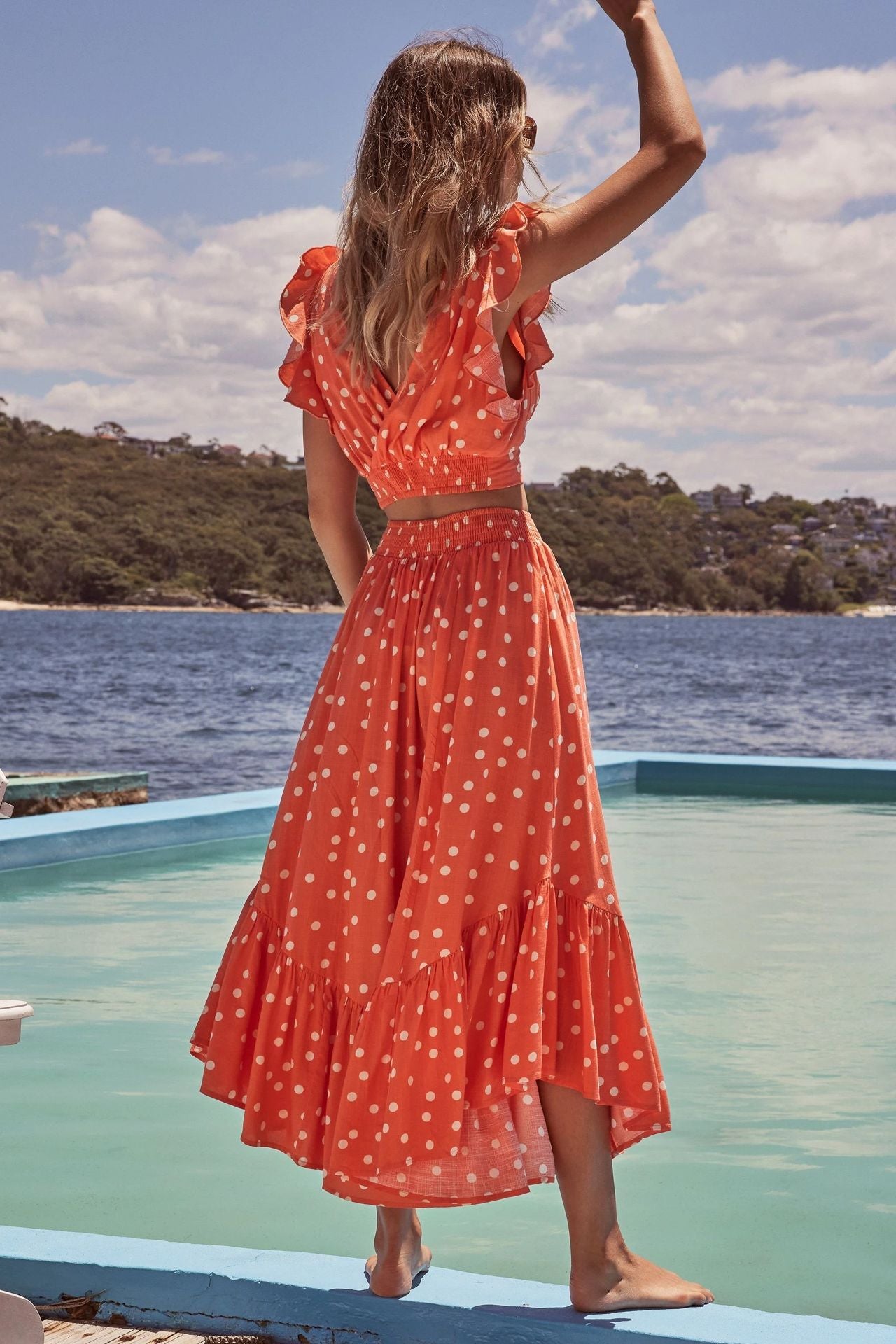 Women's Polka Dot V-Neck Crop Top with Maxi Skirt Set