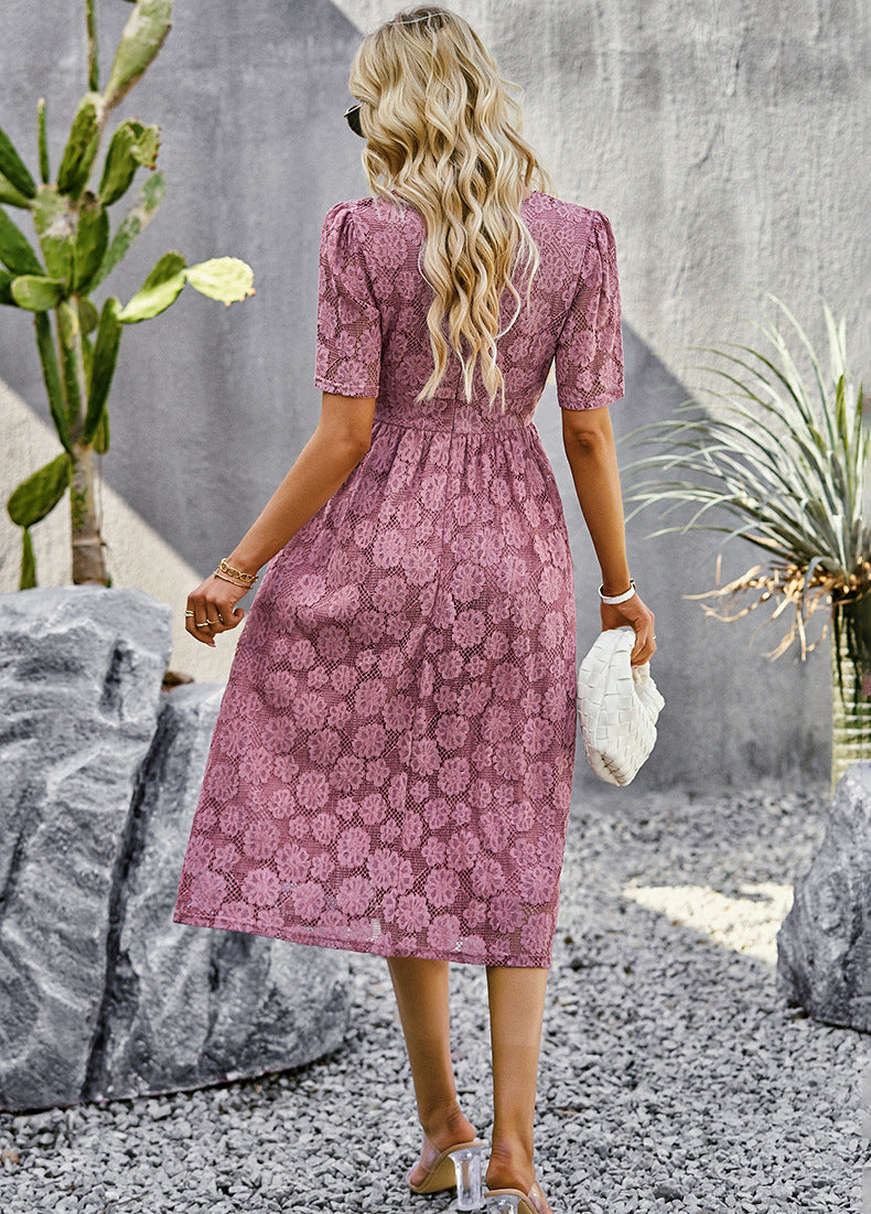 Women’s Elegant Short Sleeve V-Neck Formal Dress with Lace Overlay