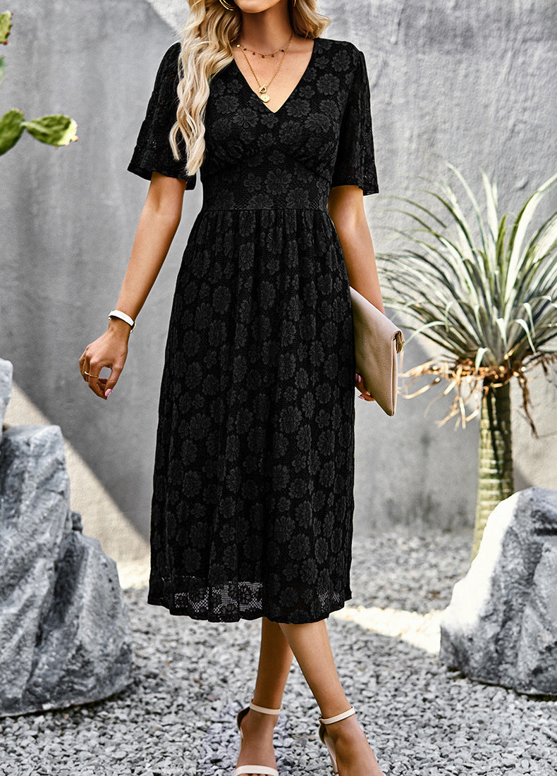 Women’s Elegant Short Sleeve V-Neck Formal Dress with Lace Overlay