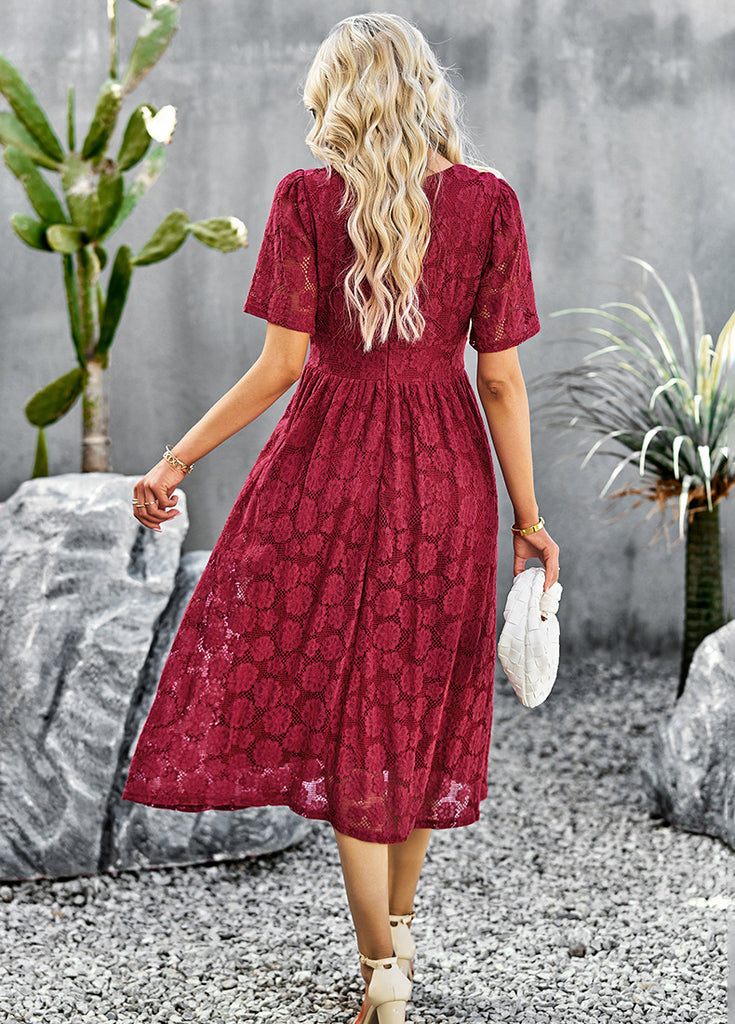 Women’s Elegant Short Sleeve V-Neck Formal Dress with Lace Overlay