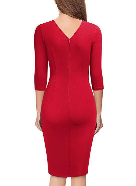 Women’s 3/4 Sleeve V-Neck Wrap Formal Midi Dress with Belt